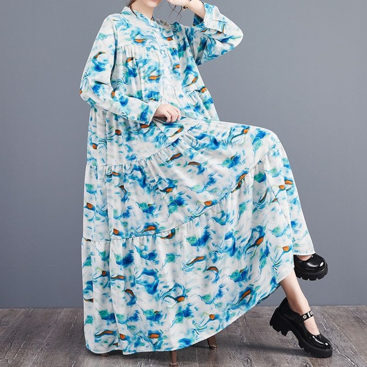 ボタンフロント ティアードワンピース 00185