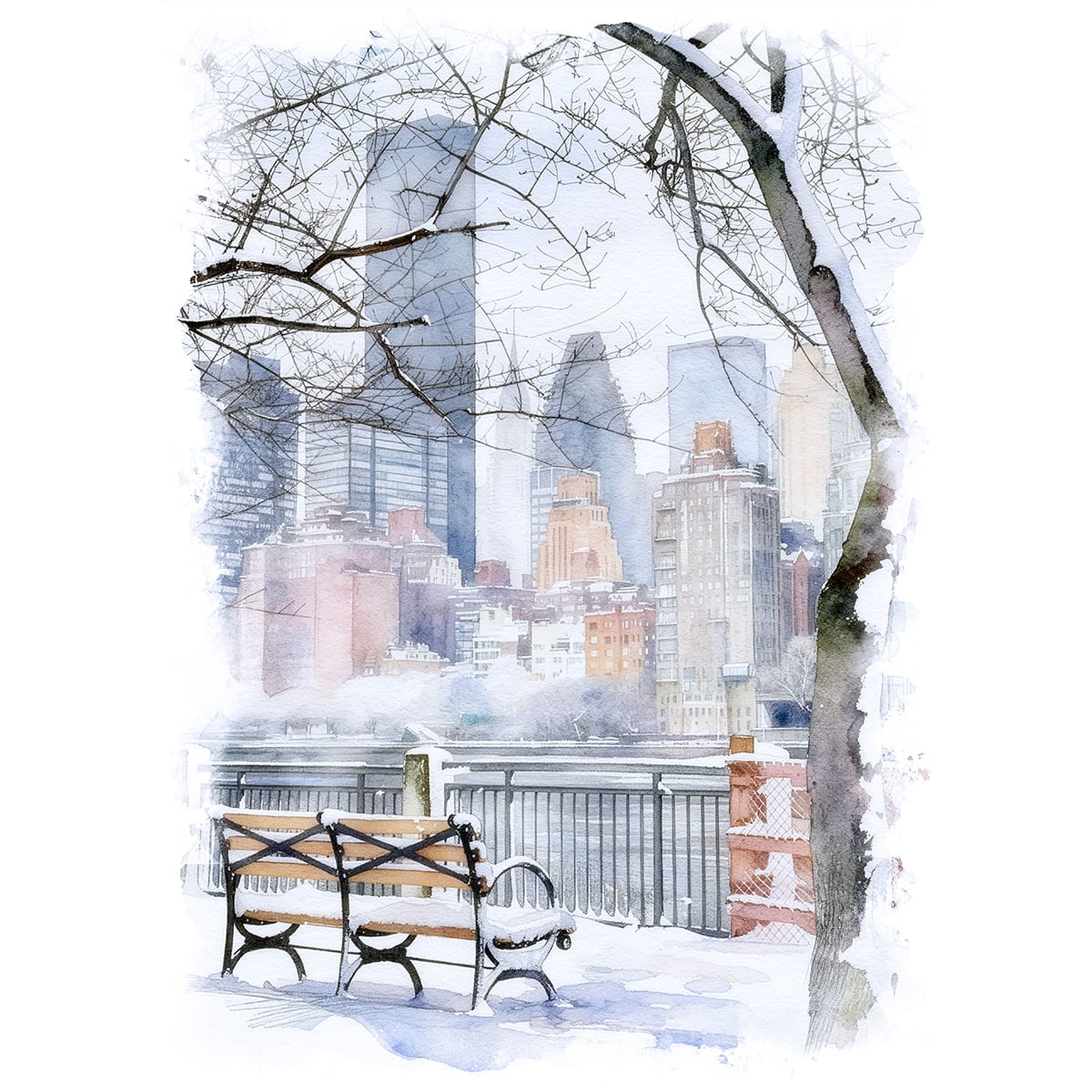 絵画 風景画(街並み) 冬 アメリカ ニューヨーク 雪の積もるセントラルパーク インテリアアート額付き 水彩画・油絵風 WAT0870