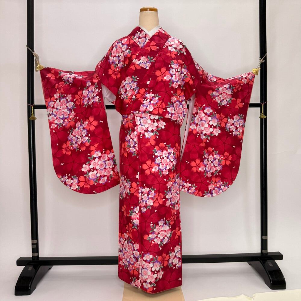 二尺袖 単品 卒業式着物 赤 裄66.5cm Mサイズ 袴用着物 化繊 中古 5793