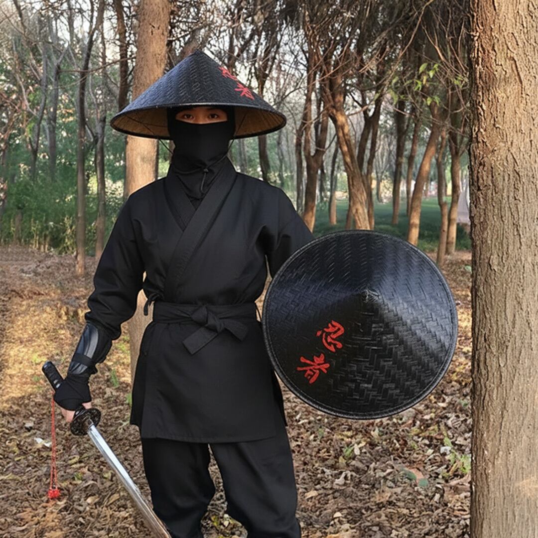 コスプレ♦︎ 個人装備•制帽 帽子 竹笠 忍黒蓮 - 忍者風 竹製 黒笠 雨よけ 撥水加工 軽量 忍 侍 笠