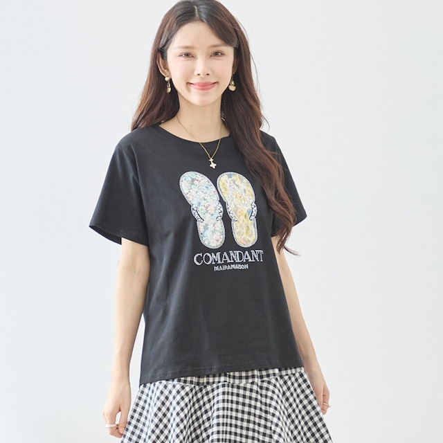 TRUBE 花柄フリップフロップサンダルイラスト半袖Tシャツ【M~L】ブラック