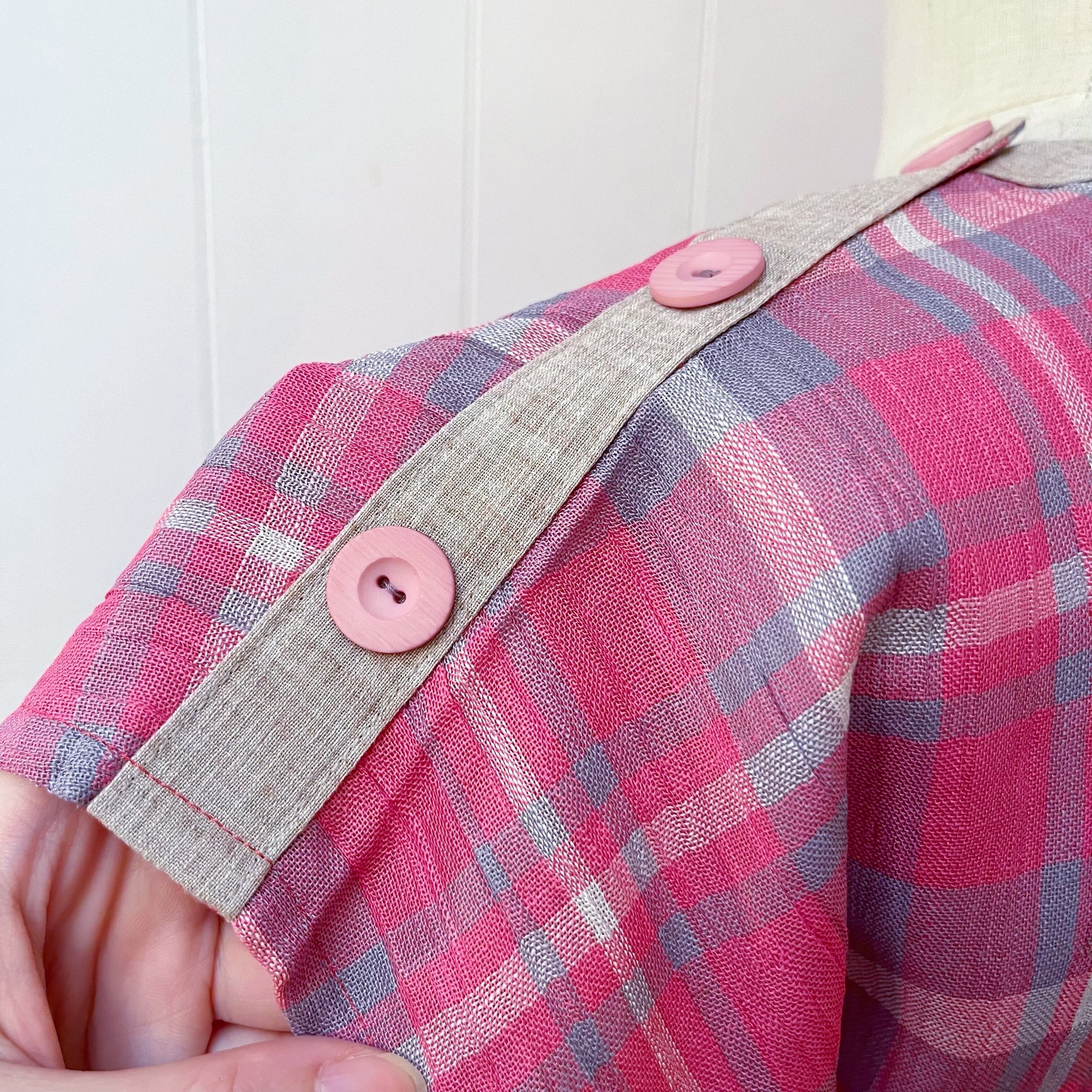 pink gray check button one-piece