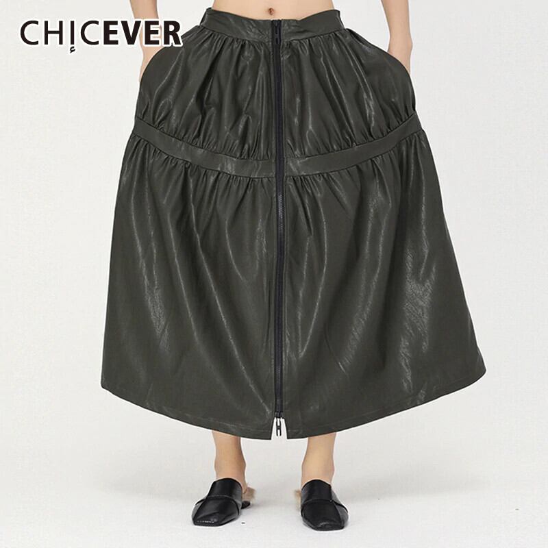 CHICEVERPUレザーシャーリングスカート女性ミディウエストポケット特大非対称マキシスカート春服2020 スプリング 春物 6base573467522692