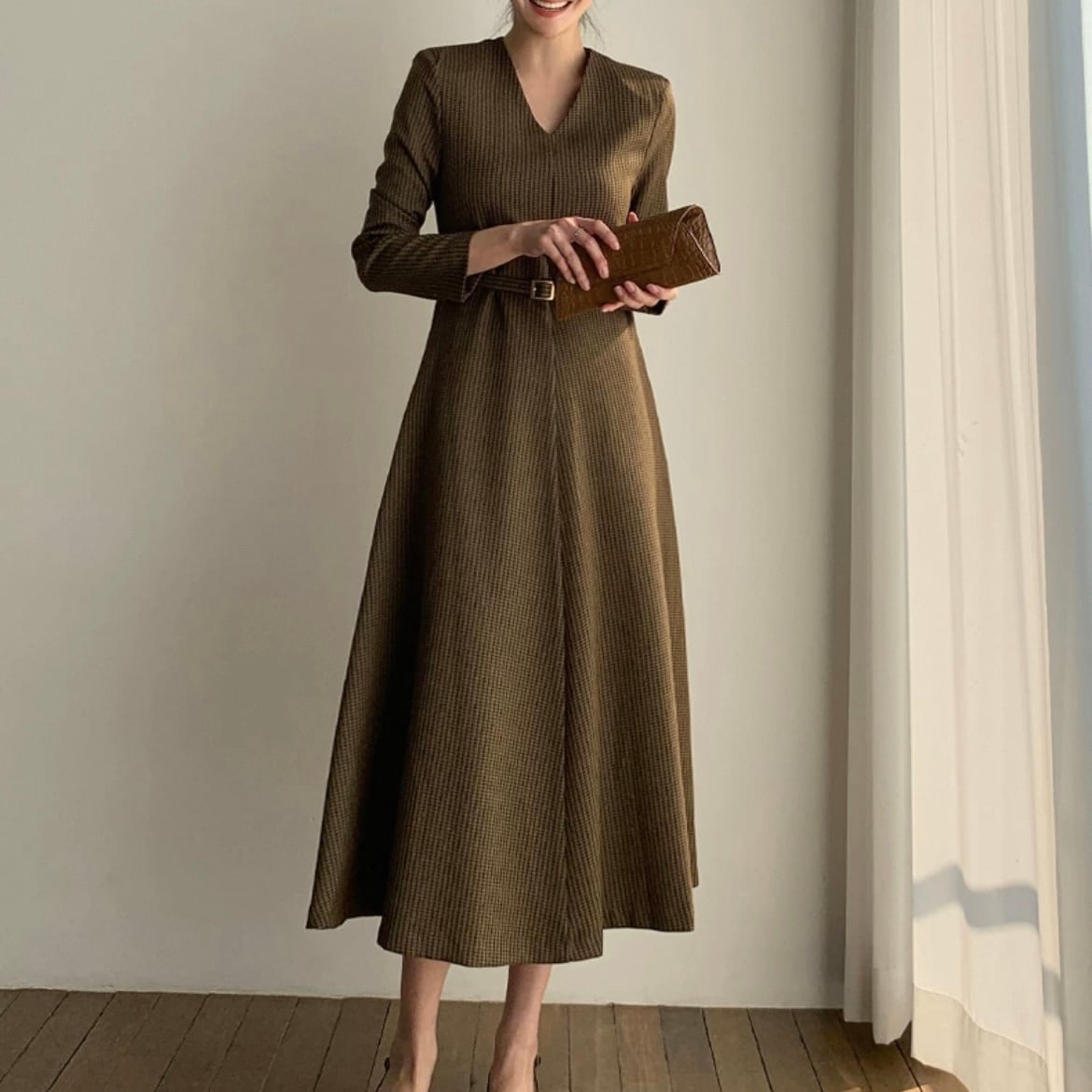 チェック柄レースアップワンピース YH8938