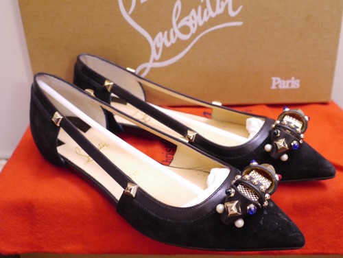 美品14.5万★ChristianLouboutin クリスチャンルブタン リボンxスタッズ装飾デザイン スエード フラット パンプス バレエシューズ 37.5 黒