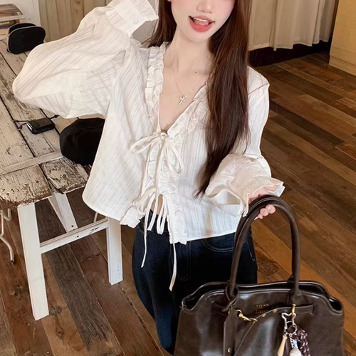 Vネックフリルリボンブラウス ・75996