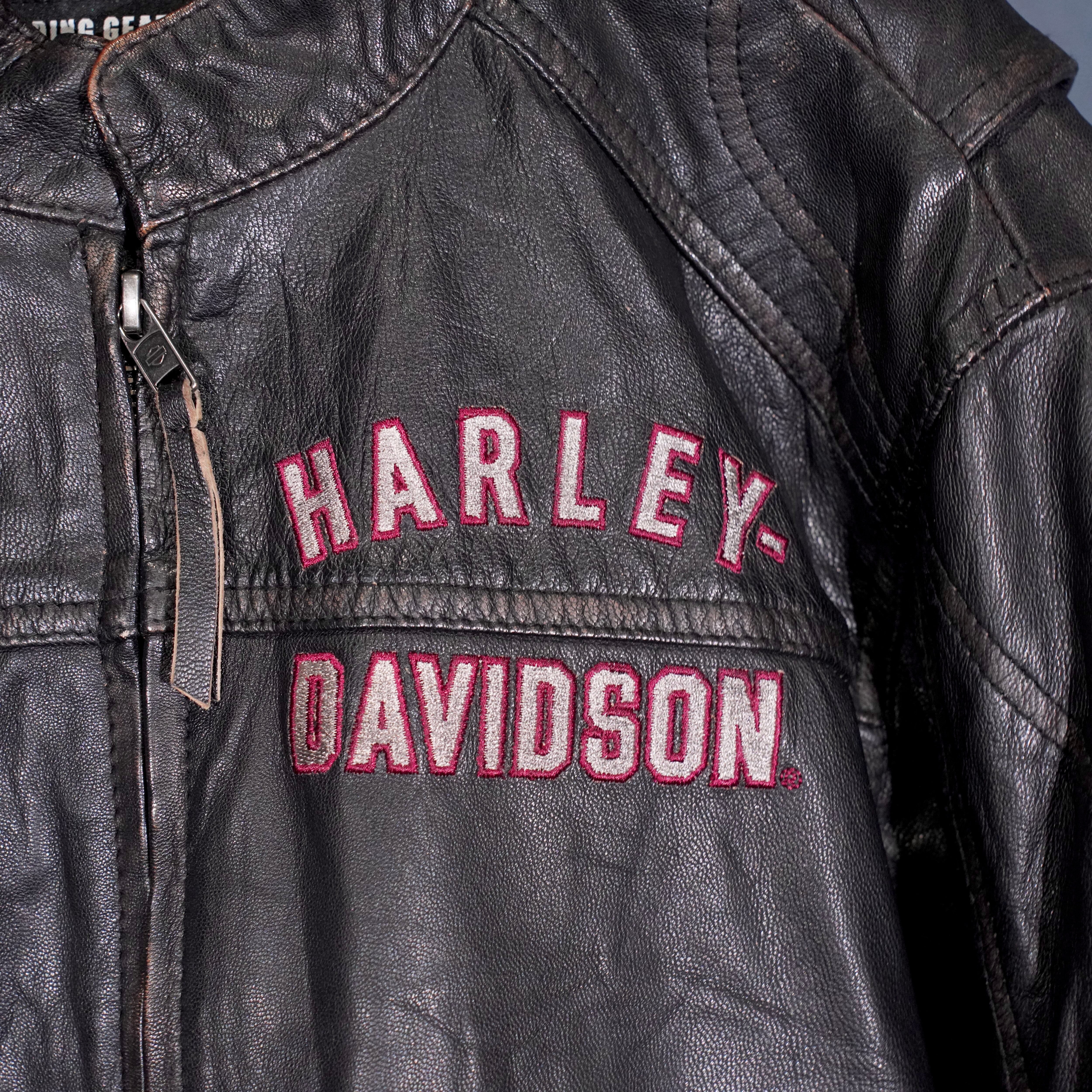 USA VINTAGE HARLEY DAVIDSON LOGO EMBROIDERY DESIGN ZIP UP LEATHER
