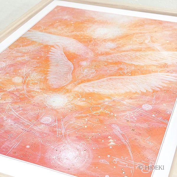 24217E 肉筆原画　水彩画　絵画　ファンタジー　ヒーリングアート 天使の絵「いつも一緒」HIDEKI 直筆サイン入り HYMジクレー版画 A3額縁