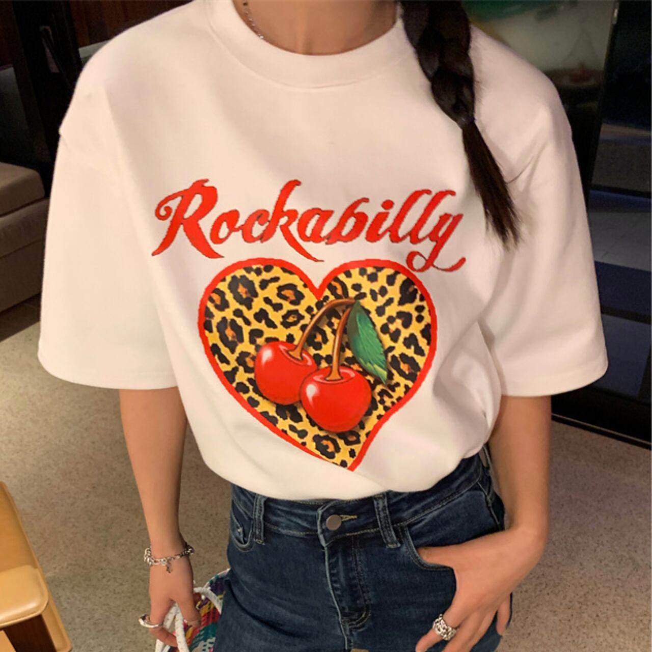 レオパード ハートプリントロゴTシャツ A4316