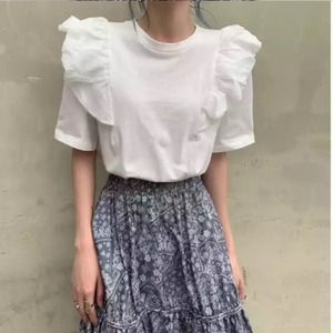 韓国フリルラウンドネックブラウスTシャツkfrnnts270903