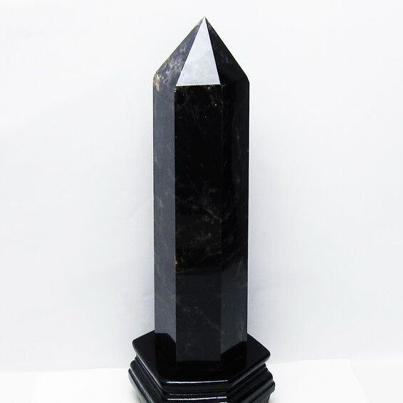 2.4Kg モリオン 黒水晶 六角柱 台座付属 一点物 162-427