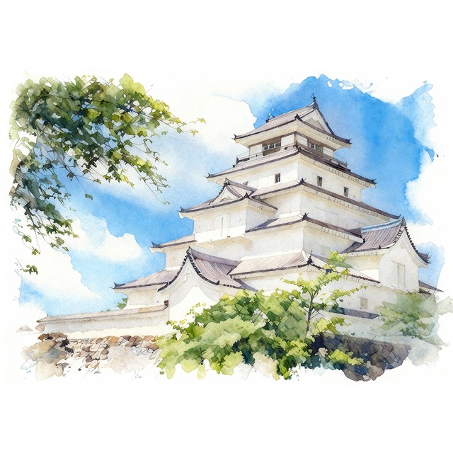 絵画 風景画 日本の城 福島県会津若松城（鶴ヶ城） インテリアアート額付き 水彩画・油絵風 WAT0946