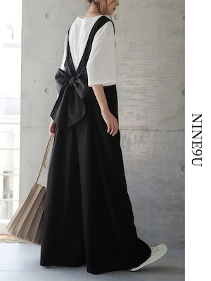 back-ribbon wide-pants v-neck overall 2color【NINE-T0139】