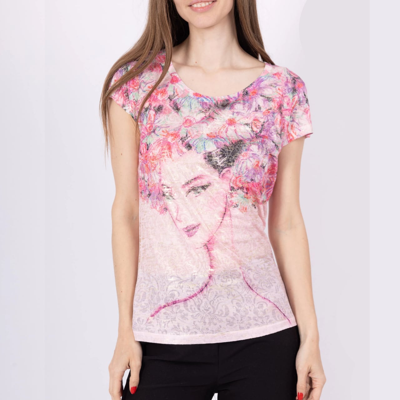 フラワープリント アートデザイン 半袖Tシャツ レディース|フェミニン ピンク トップス 春夏 カジュアル