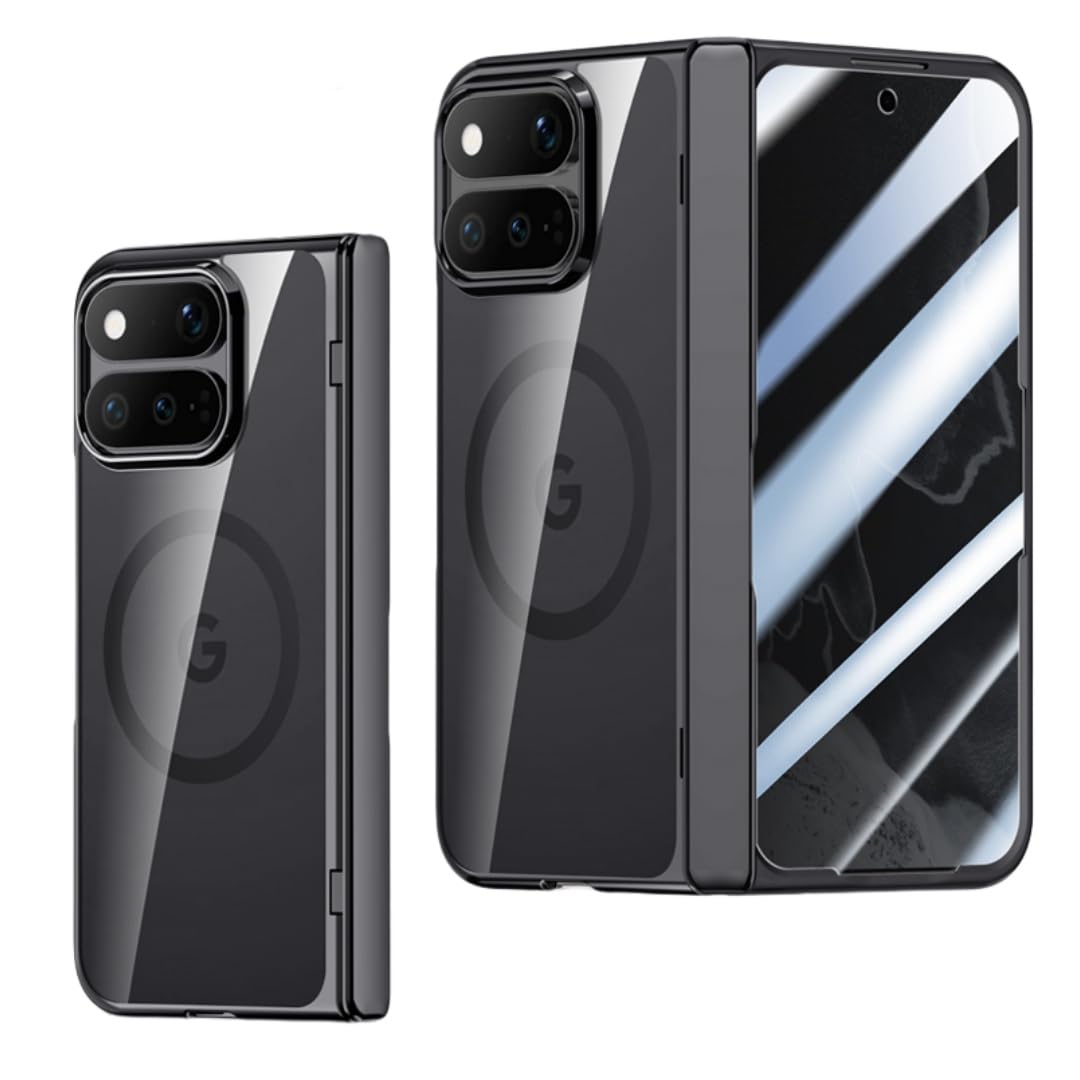 対応 Google Pixel 11 Pro Fold ケース 覗き見防止 一体型ガラスフィルム付き ワイヤレス充電対応 背面透明 クリア 全面カバー メッキ加工,MagSafe黒(覗き見防止)