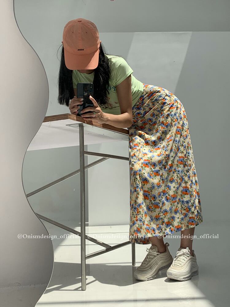 シフォンフローラルスカート サマースタイル薄手ロング レッド 大人ガーリー スウィート キュート カジュアル 夏物 花柄 ビッグFスモールZ韓国87778432091