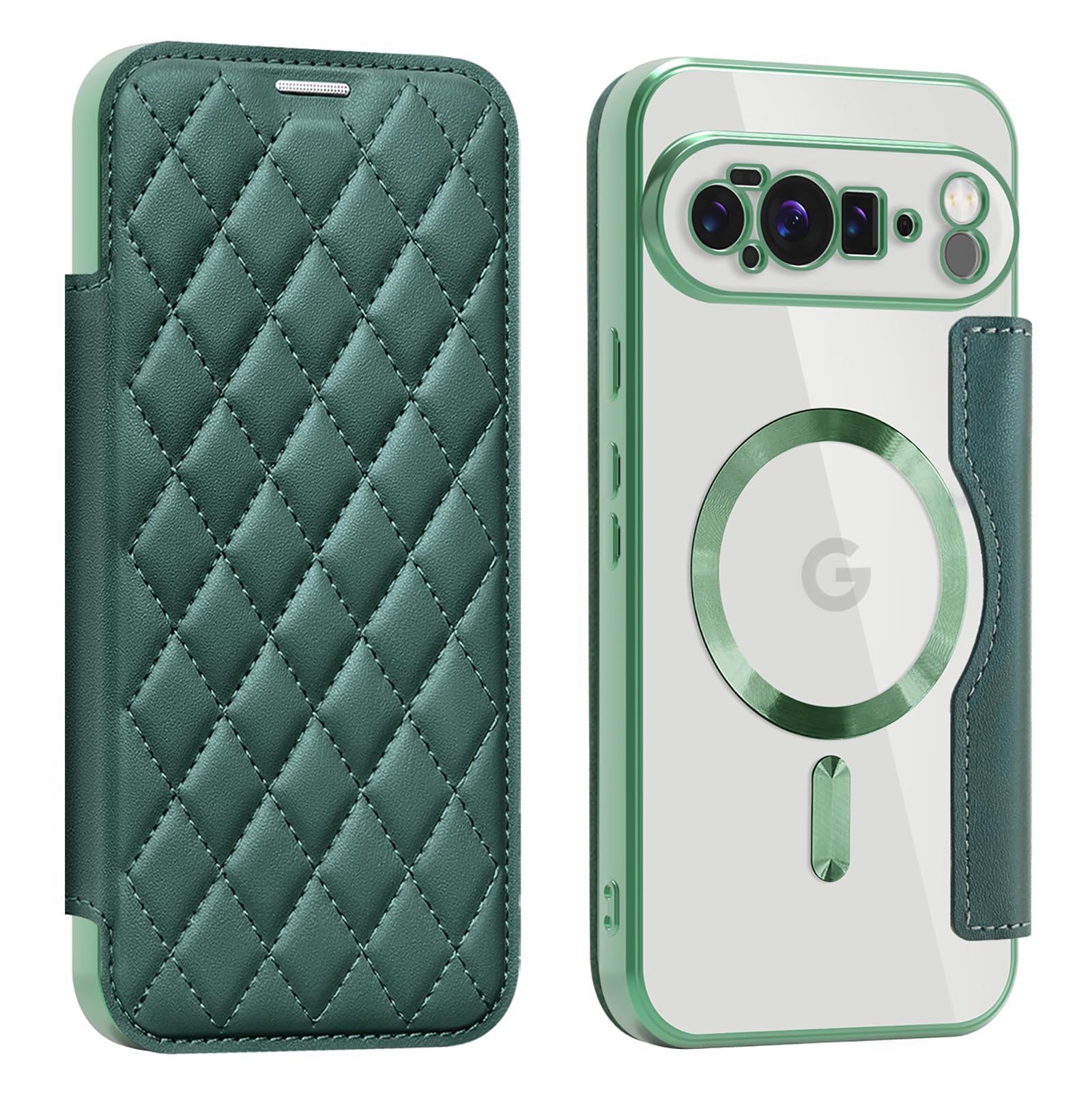 Google Pixel 10 Pro XL 用 ケース RFID 手帳型 財布型 背面透明 Magsafe対応 カードポケット付き ピクセル10 Pro XL 用 携帯カバー カード収納 スマホケース 高級レザー 耐衝撃 全面保護(クリア,グリーン)