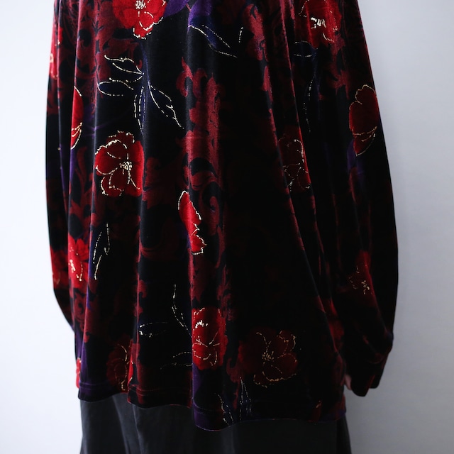elegant flower art pattern mao-collar velours shirt