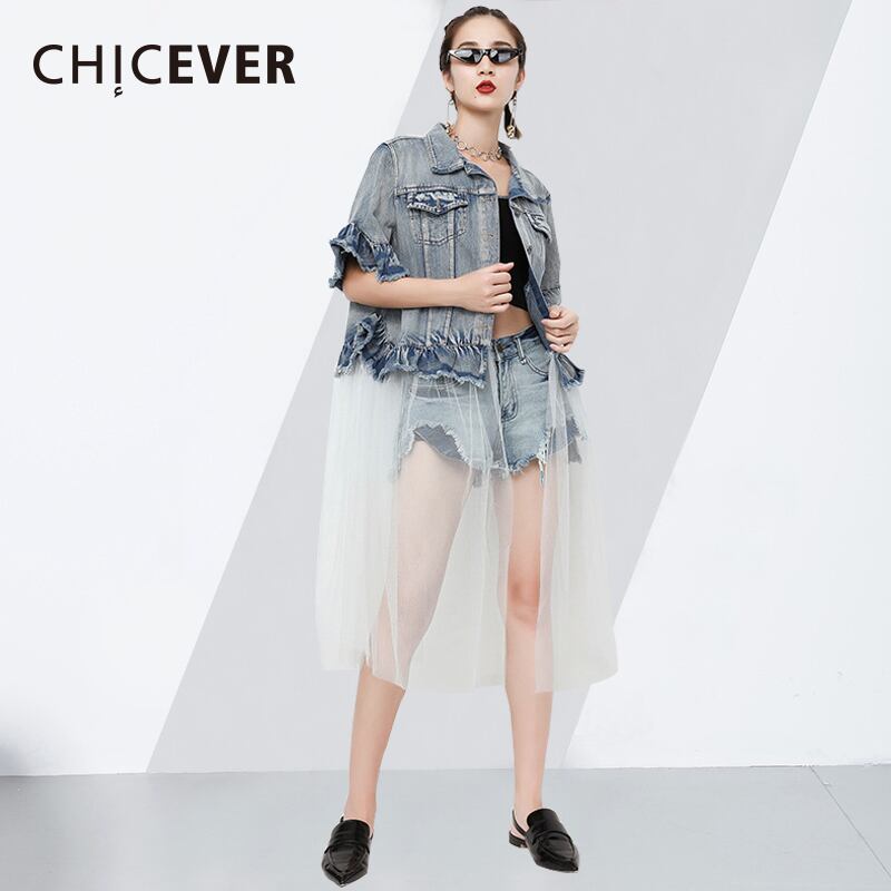 CHICEVERツーピースデニムコートラペルハーフバタフライノースリーブメッシュパッチワークジャケットレディース2020夏 サマー 夏物 6base56994831473