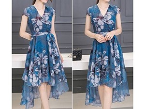 ☆送料無料★11号（Ｌ）☆花柄シフォン不規則ワンピース(OPN5583) 