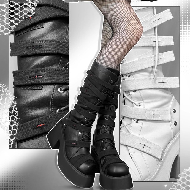 天使と悪魔 サブカル系 厚底靴 GURURUオリジナル ロングブーツ 包帯巻 ヒール高9.5cm 原宿ファッション 病み可愛い 地雷系 量産型  バンギャ Y2K