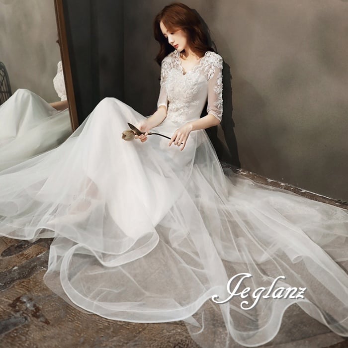 気品 パーティ イブニングドレス レーシー モチーフ 透け感 5分袖 2色(M5049)ζ