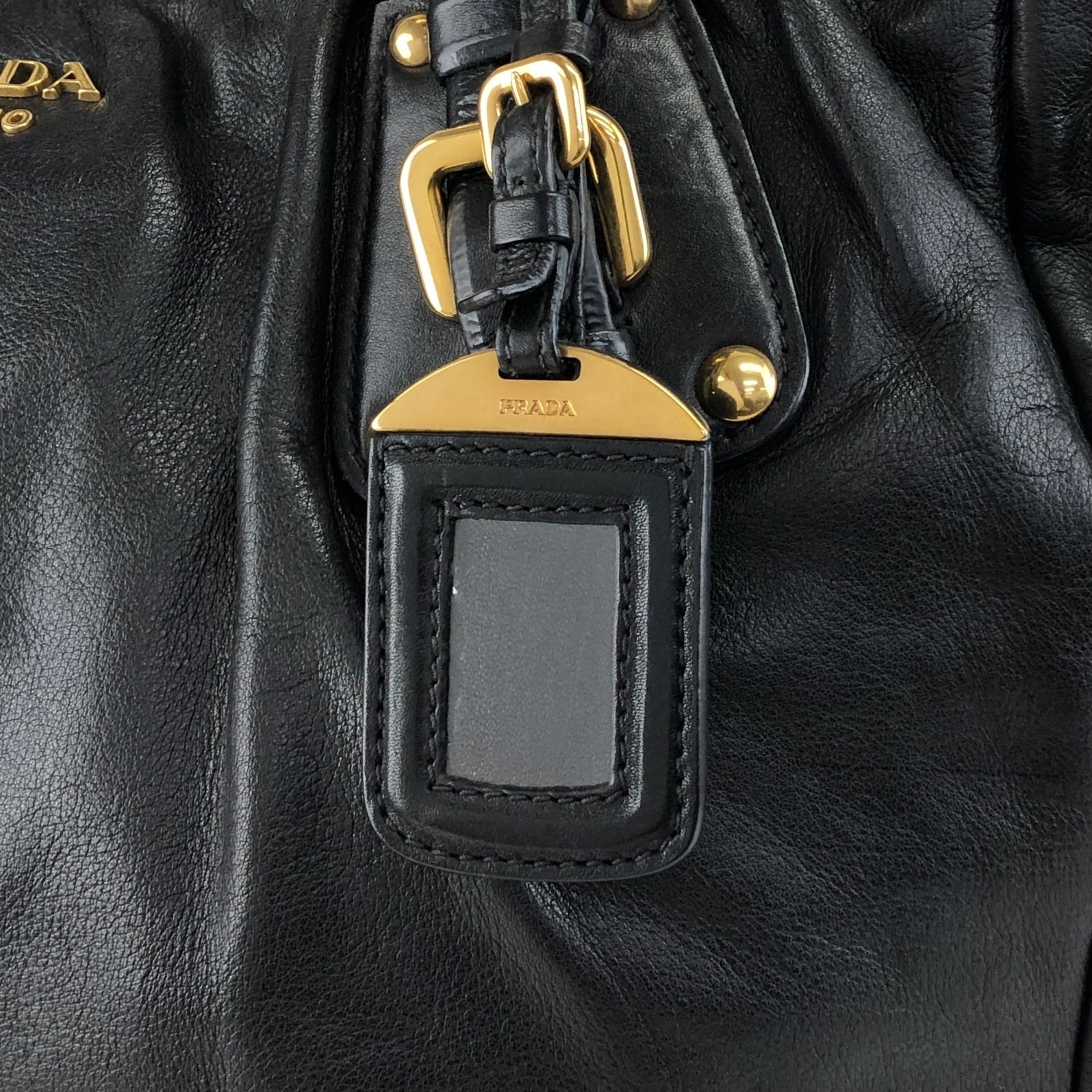 PRADA プラダ ハンドバッグ ブラック ロゴ レザー ギャザー 2way