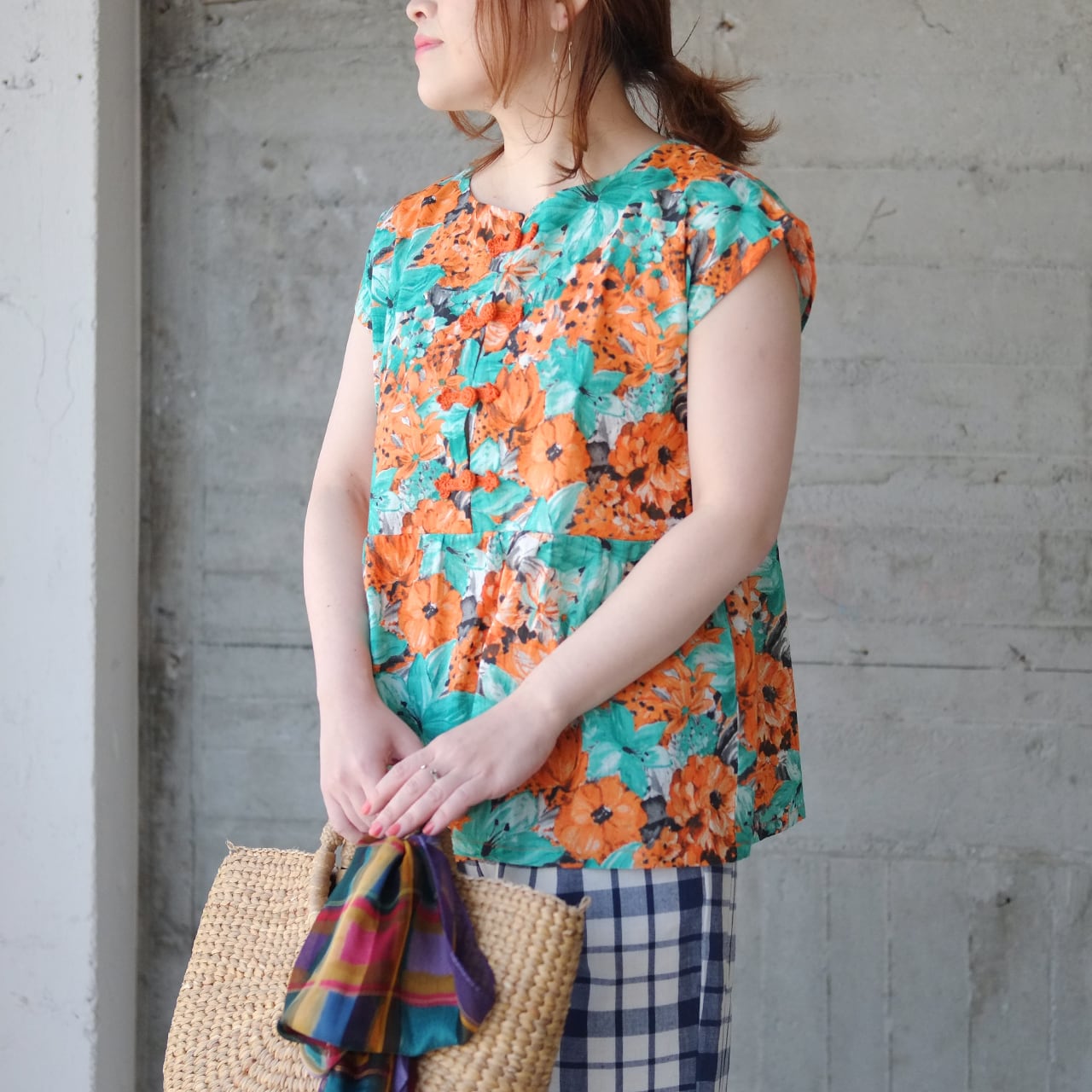 チャイナボタン裾フレアブラウス(22s-13)オレンジ