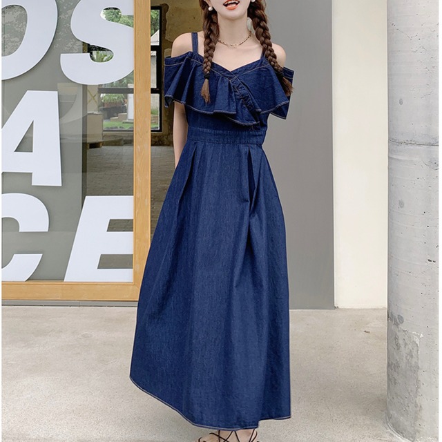 フリル デニム オフショルダー ワンピース ブルー 250561