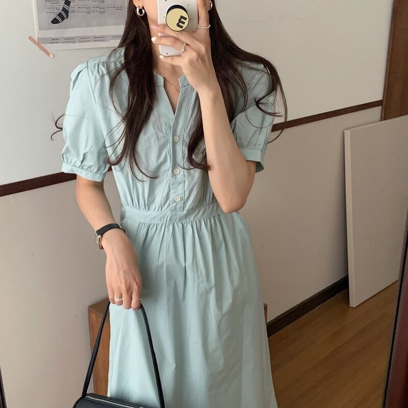 ボタンカラーポケットプリーツドレス サマースタイルウェストスリーブAライン 夏物 ビッグFスモールZ韓国41051142119