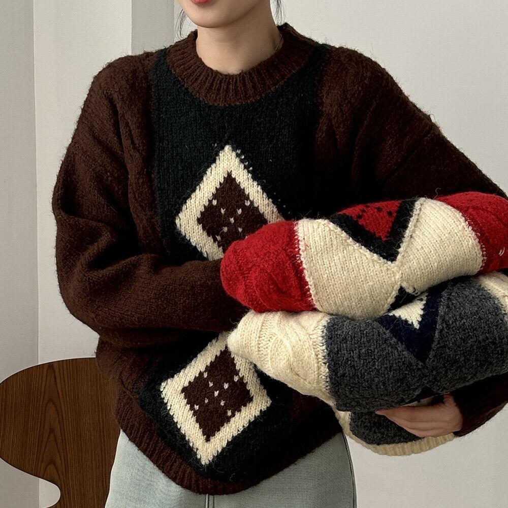 【tops】配色ニットセーター M28575