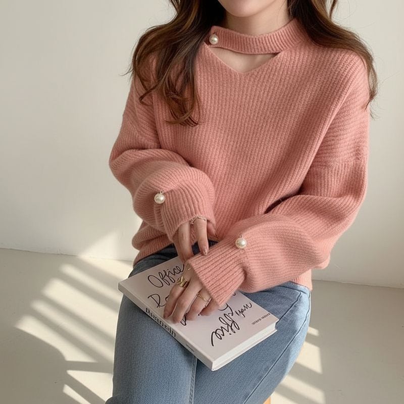 パールボタンチョーカーネックニットトップス L1051