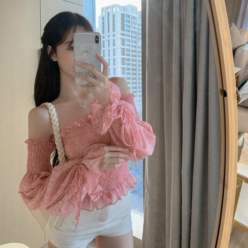 ストラップレススリーブシフォンシャツ サマーショートトップス ロング ランタンスリーブ 夏物 ブラックストロベリース32324226699