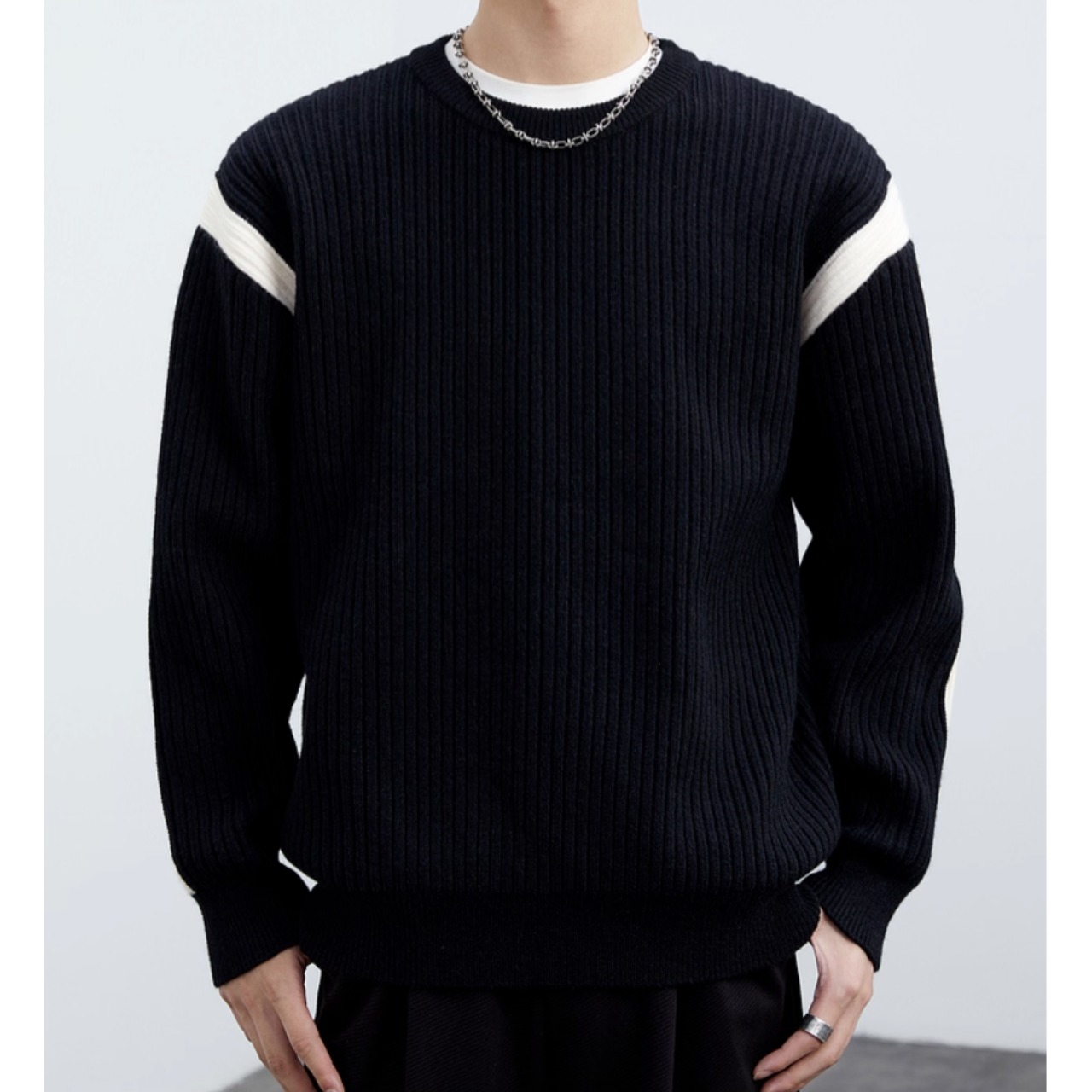 ショルダーラインデザイン ラウンドネック 長袖リブニット af0336