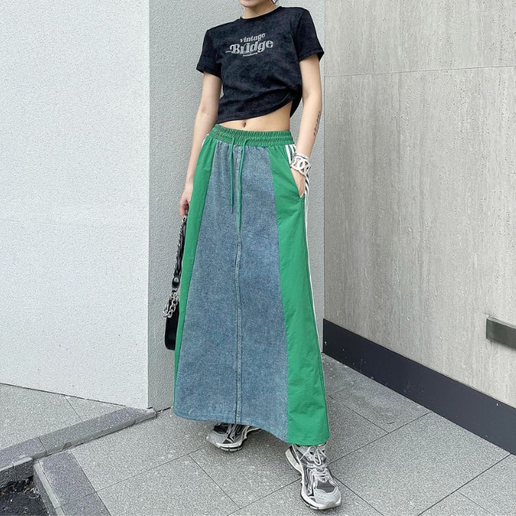 デニム×スポーツライン切替ロングスカート◆3col R30094