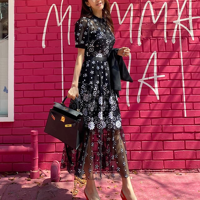 S/M/L/XL レディース パーティードレス ワンピースドレス 刺繍 メッシュ シースルー ウエストマーク ドレス フラワー レース ブラック