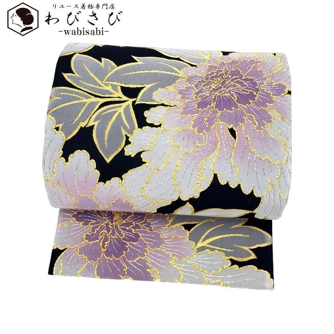 O-2577 袋帯 帝王紫 じゅらく 地紙紋に四季の花々 牡丹 菊 鶴-