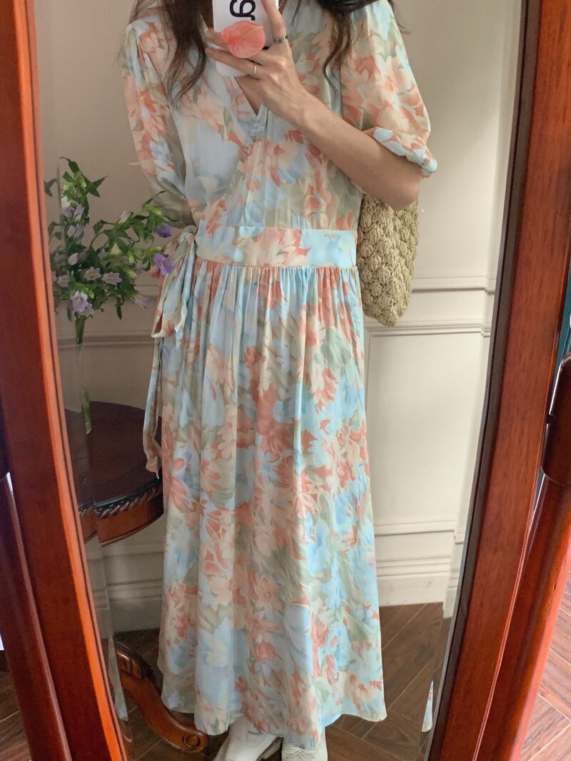 サイドプリーツハイウェストロングスカート サマールーズ薄手スリーブVネックドレス 夏物 ビッグFスモールZ韓国18013395238