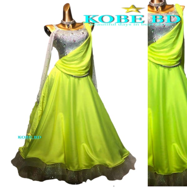 【社交ダンスドレスショップKOBE BDオリジナル】 【商品番号AIJ- 81001 】【スパークルイエローグリーン 蛍光色サテン】