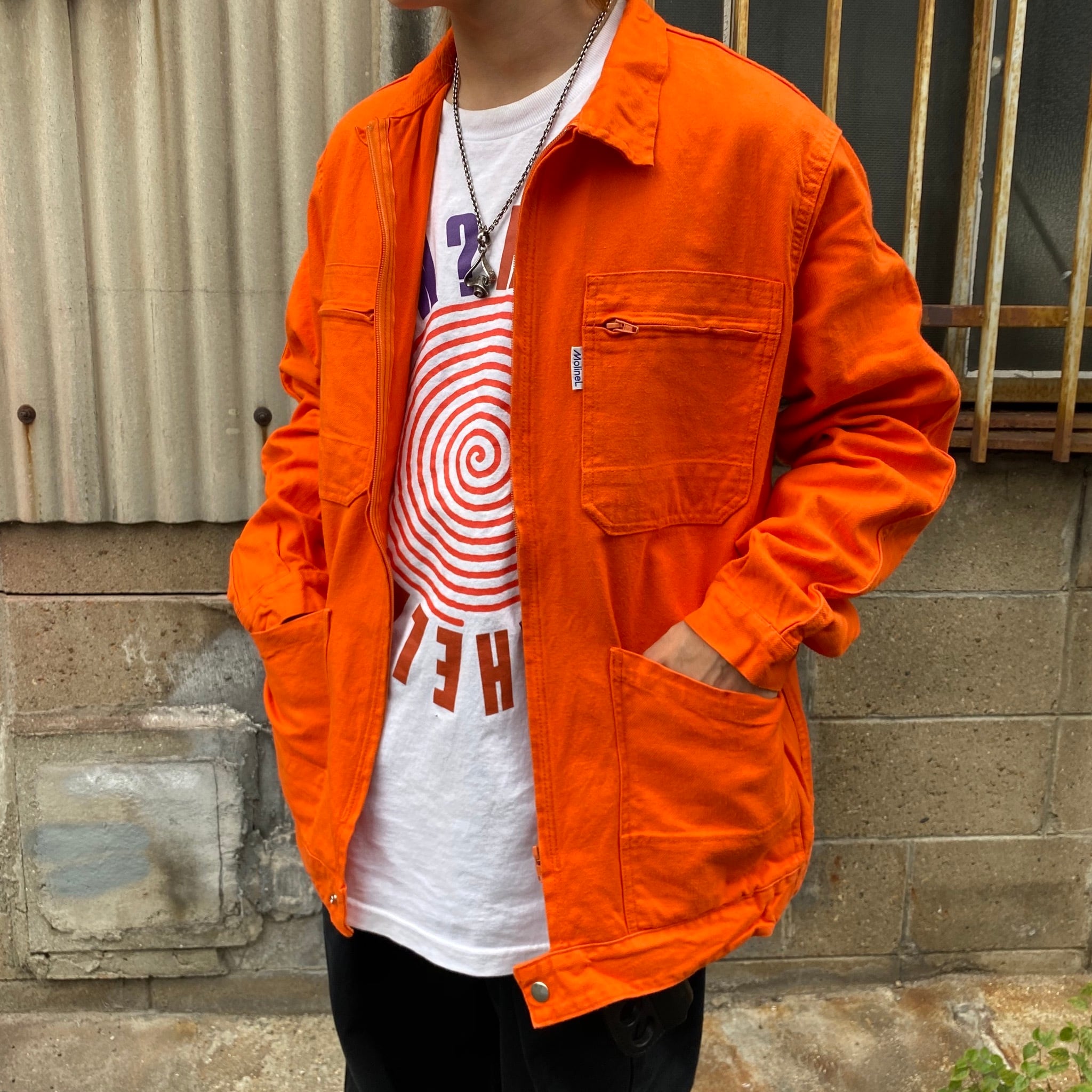 Molinel モリネル ユーロワーク フレンチワークジャケット フルジップ オレンジ ビビッドカラー メンズl相当 古着 ワークジャケット Cave 古着屋 公式 古着通販サイト