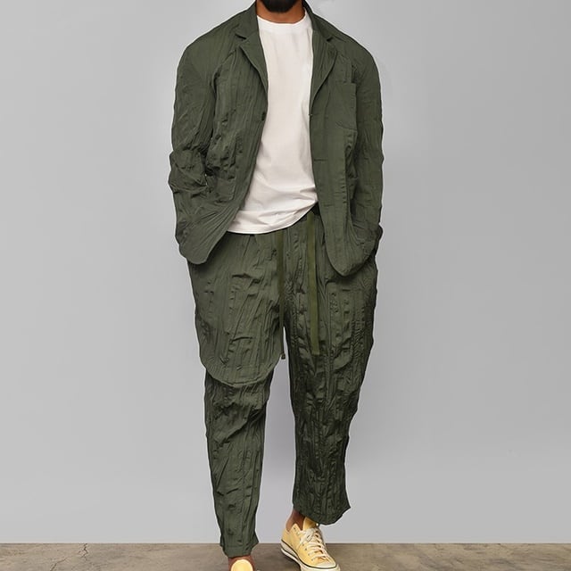 予約販売】メンズ セットアップ スーツ カーキ グリーン しわ加工 男前