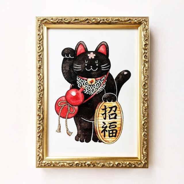 2L 黒招き猫 アートプリント/イラスト複製画
