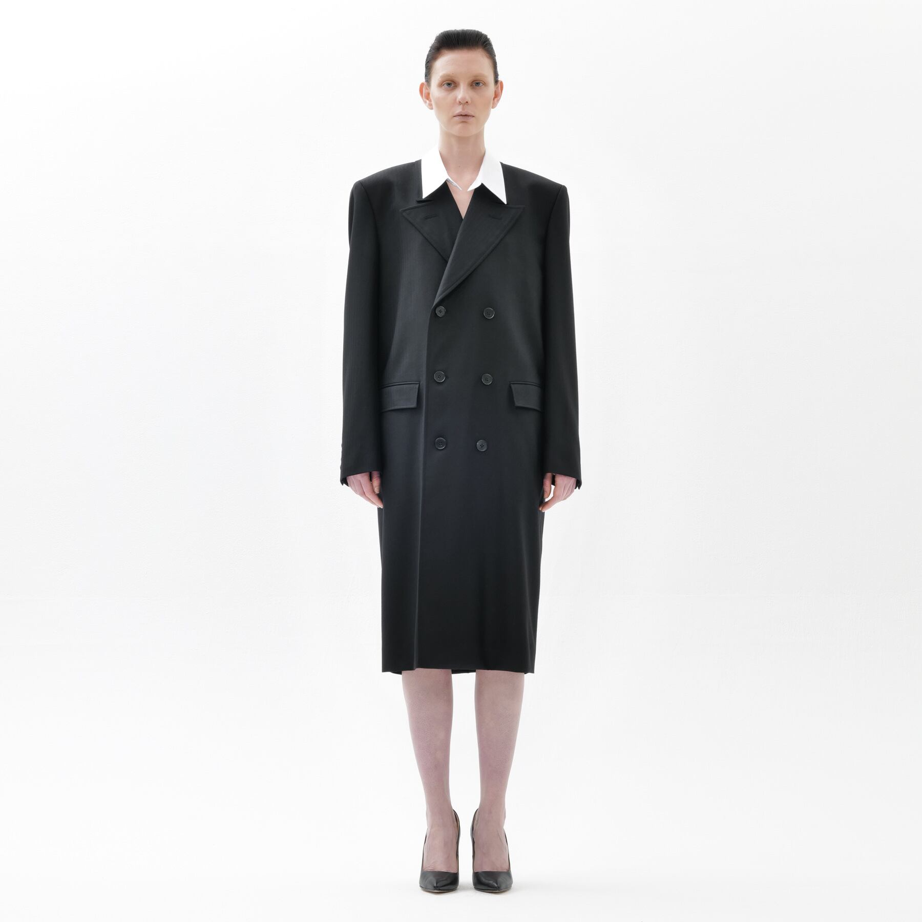 【Pre-order】Black Herringbone Wool Double-Breasted Coat