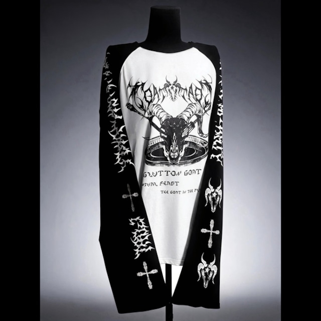 ブラックホワイトゴートグラフィッククロスプリントロングスリーブTシャツ(lli_7417)