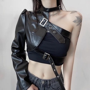 【予約】one shoulder PU leather tops