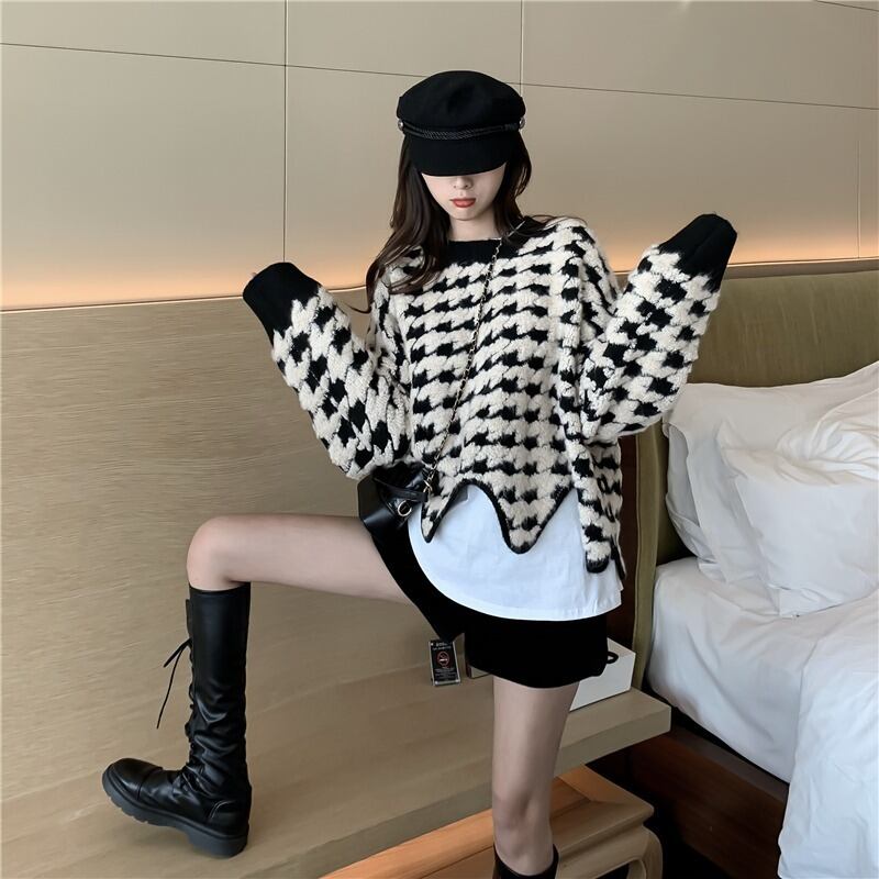 秋冬のパッド入りプルオーバーレディース2020新しい千鳥格子ルーズで怠惰なニットセーターウエスタンスタイルの長袖トップ ドラファッションホール87799259879