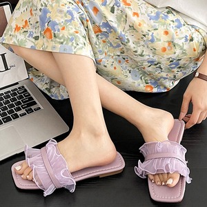 シアーフリル サンダル スクエアトゥ レディース 春夏 フラットサンダル おしゃれ きれいめ 大人 かわいい フェミニン 軽量 歩きやすい 疲れにくい ぺたんこ ミュールサンダル 大人可愛い 大人女子