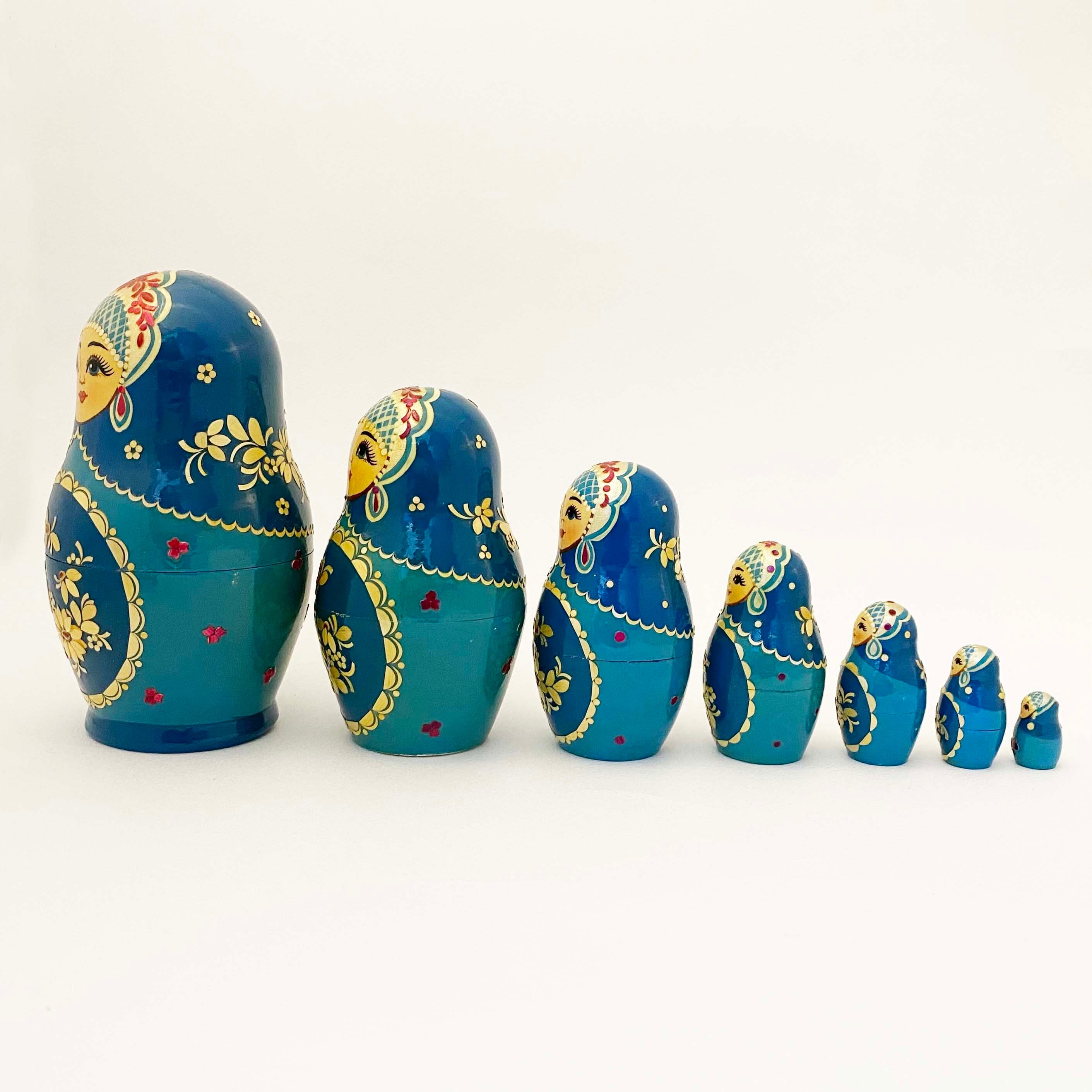 麦わらノーリンスク産マトリョーシカ / 青い伝統衣装7個組