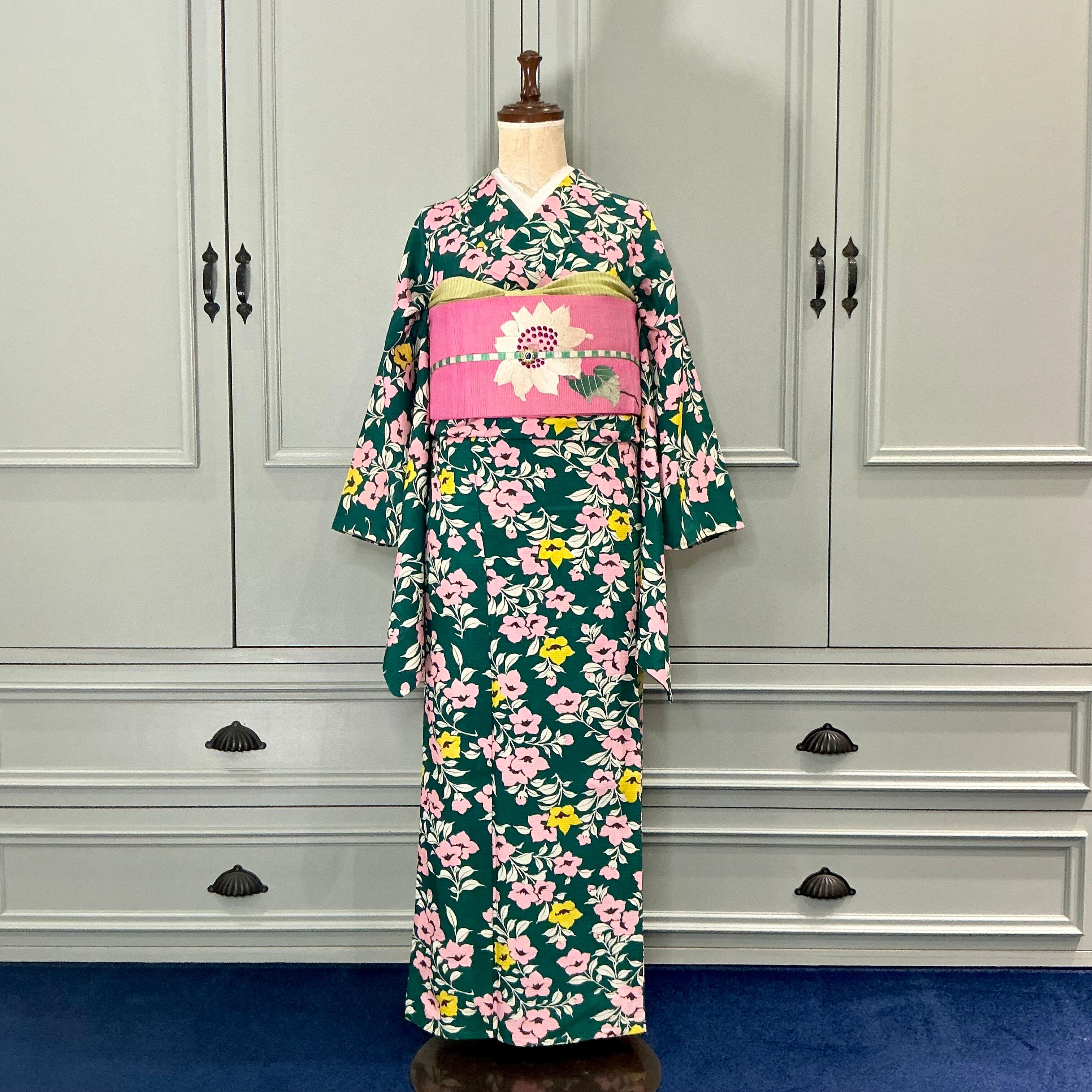 【アンティーク】夏帯⁈名古屋帯 ひまわり柄 ピンク系 和装小物 romantic summer＊夏帯 絽 ひまわり 向日葵 花 大柄 ピンク 刺繍