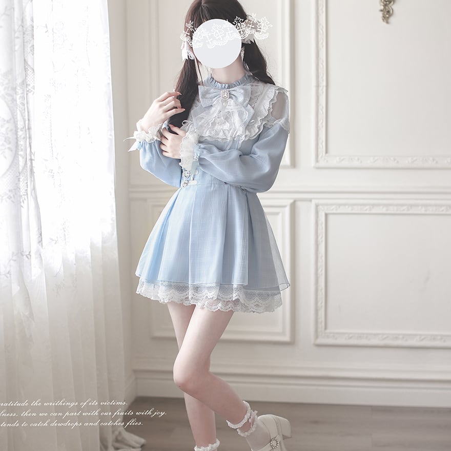 量産型 ゆめかわ ワンピース 水色 フリル レース ミニワンピース 長袖